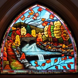 Stained glass Autumn scene, Weslyian UMC, Tyrone, Pa